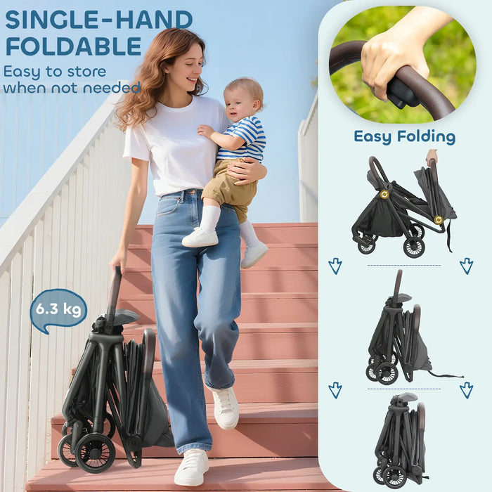 Woman holding a baby and a single-hand foldable stroller with text highlighting ease of use.