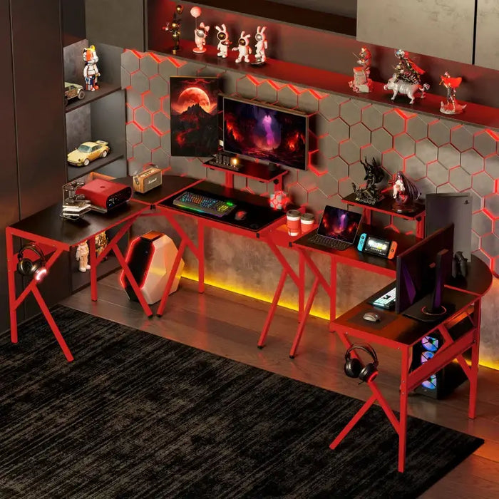 L-Shaped Gaming Desk – 125cm Black and Red Carbon Fibre Corner Desk | Adjustable Monitor Shelf HOMCOM - Little and Giant Explorers HOMCOM