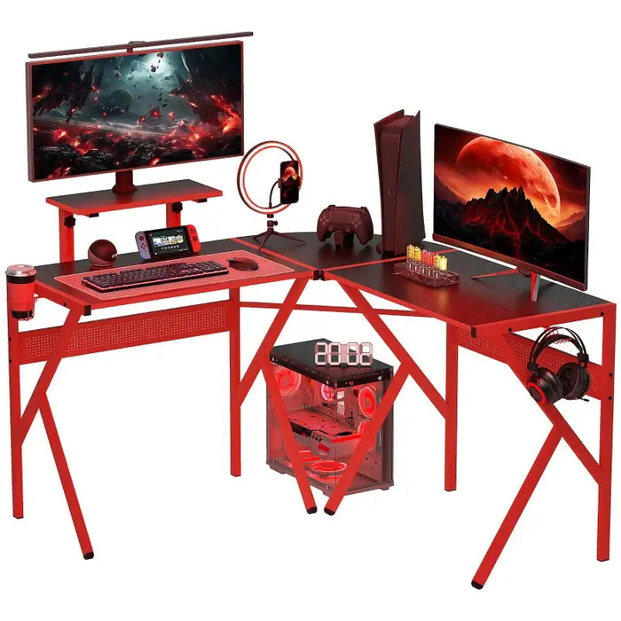 L-Shaped Gaming Desk – 125cm Black and Red Carbon Fibre Corner Desk | Adjustable Monitor Shelf HOMCOM - Little and Giant Explorers HOMCOM