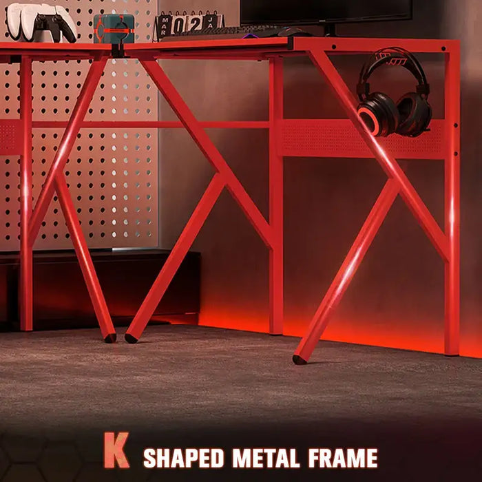 L-Shaped Gaming Desk – 125cm Black and Red Carbon Fibre Corner Desk | Adjustable Monitor Shelf HOMCOM - Little and Giant Explorers HOMCOM