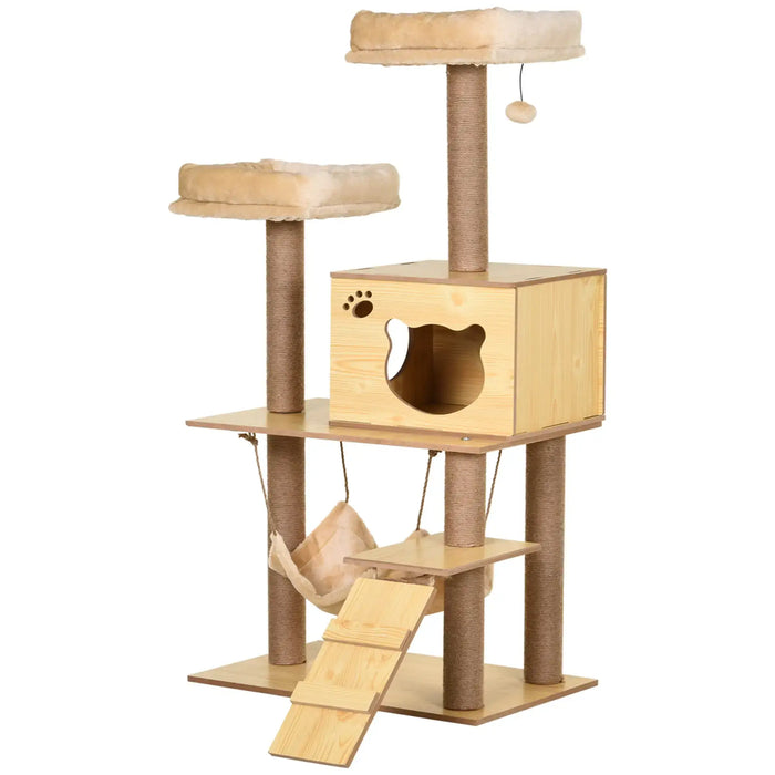 Multi-level wooden cat tree with beige plush beds, hanging hammock, ramp, and scratching posts