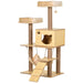 Multi-level wooden cat tree with beige plush beds, hanging hammock, ramp, and scratching posts