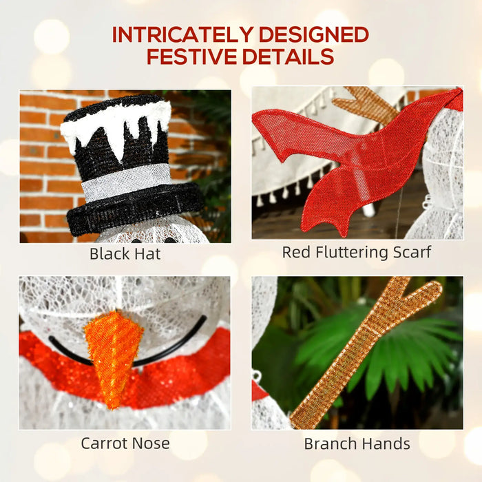 Festive snowman details including black hat with snow, red scarf, orange carrot nose, and brown branch hands