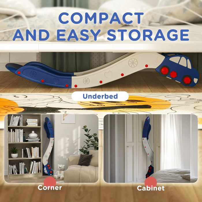 Compact blue and white kids slide stored under bed, in corner, and beside cabinet for easy storage