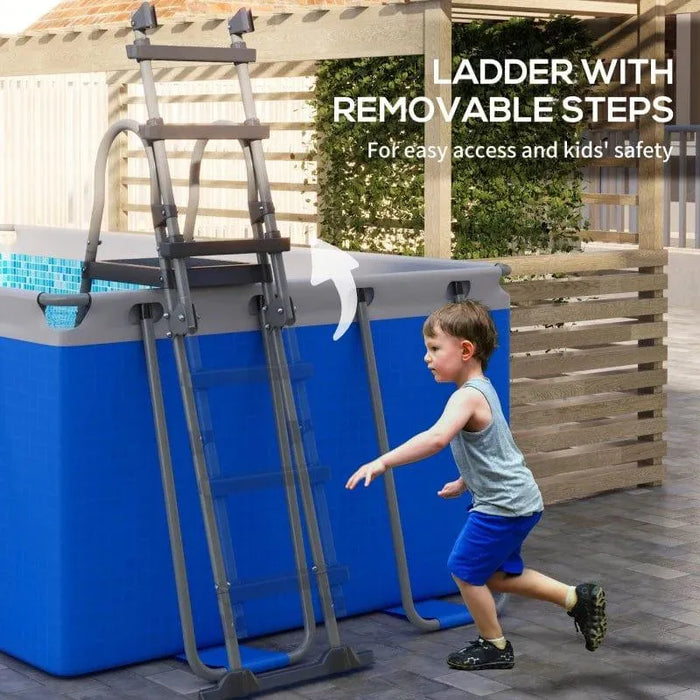 Child near above ground blue steel frame swimming pool with removable ladder steps