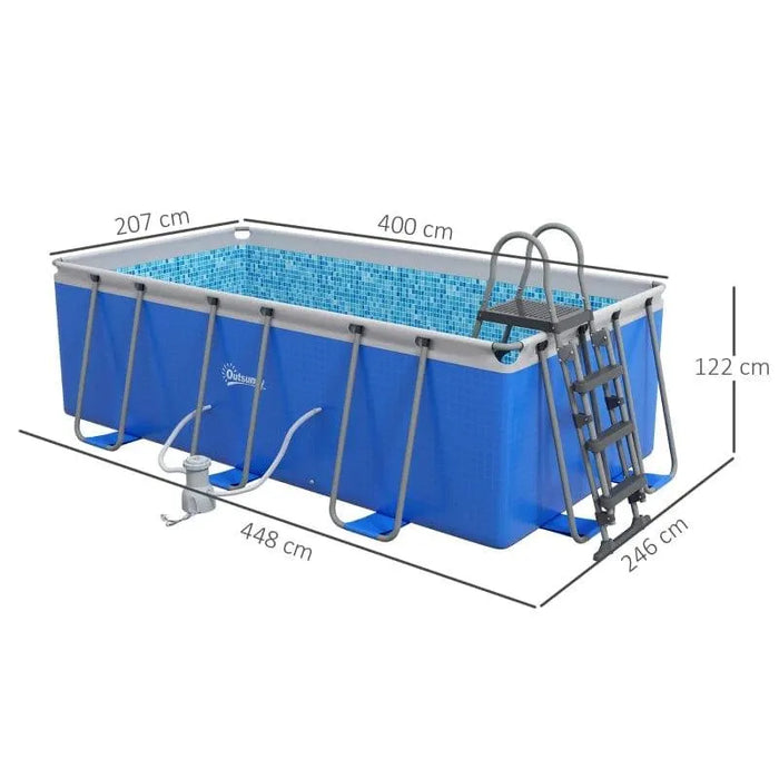 Large blue above ground steel frame swimming pool set with ladder, filter pump, and dimensions.
