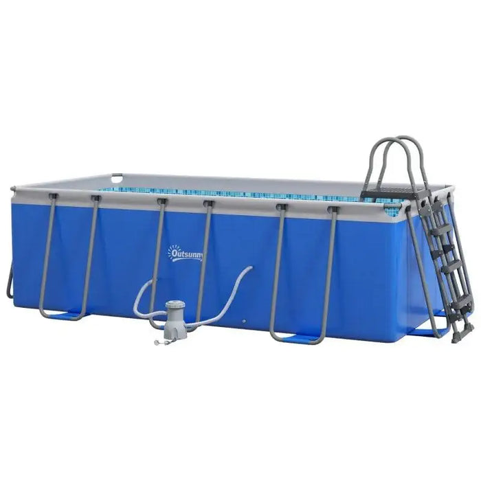 Large blue above-ground steel frame swimming pool with ladder and filter pump