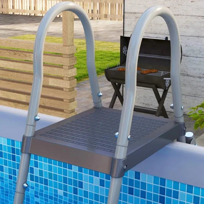 Ladder on blue steel frame above ground swimming pool with outdoor grill in backyard