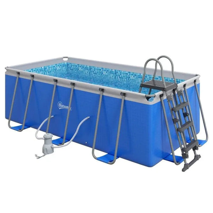 Large blue above ground steel frame swimming pool set with ladder and filter pump