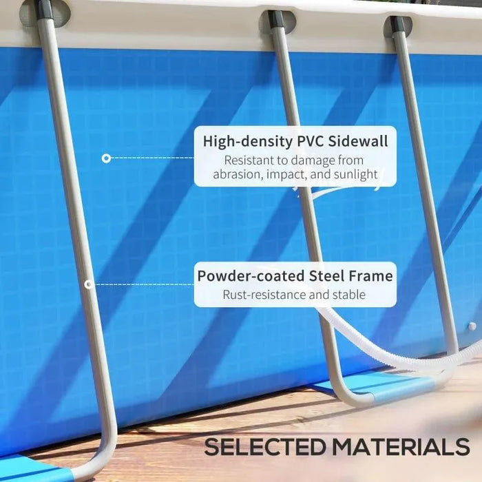 Blue above ground pool with steel frame and high-density PVC sidewall details shown