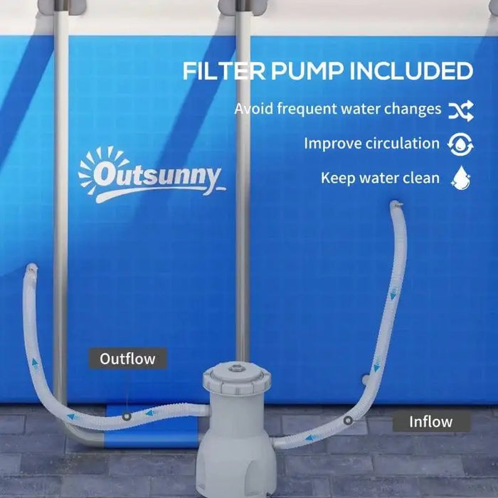Outsunny above ground pool filter pump with labeled inflow and outflow hoses attached