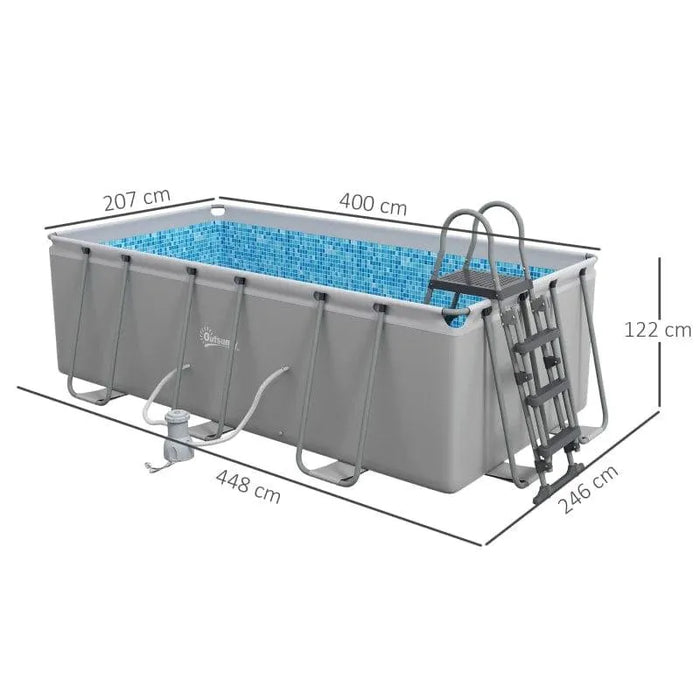 Large above ground rectangular steel frame swimming pool set with ladder, filter pump, and visible measurements.