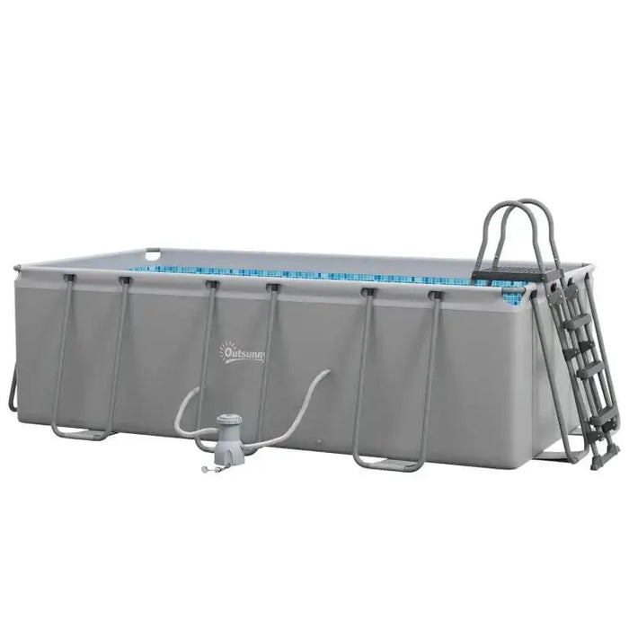 Rectangular grey above ground steel frame swimming pool set with ladder and filter pump