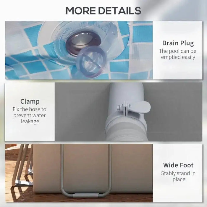 Above ground pool details showing drain plug, hose clamp, and wide steel frame foot