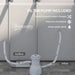 Above ground pool filter pump with hoses, OutSunny logo, and filtration benefits listed.