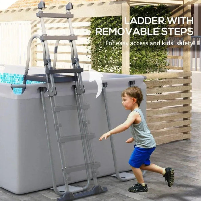 Child near large grey above ground swimming pool with removable ladder steps outdoors