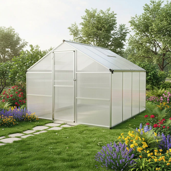 Large aluminum greenhouse with double-walled polycarbonate panels in a lush garden