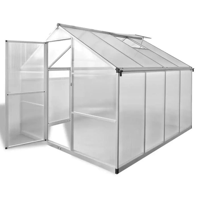 Large aluminium greenhouse with double-walled polycarbonate panels and open door