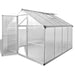 Large aluminium greenhouse with double-walled polycarbonate panels and open door