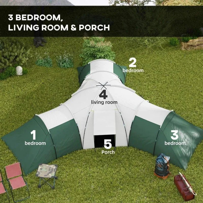 Large green camping tent with 3 bedrooms, living room, and porch on grassy outdoor area