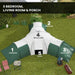 Large green camping tent with 3 bedrooms, living room, and porch on grassy outdoor area