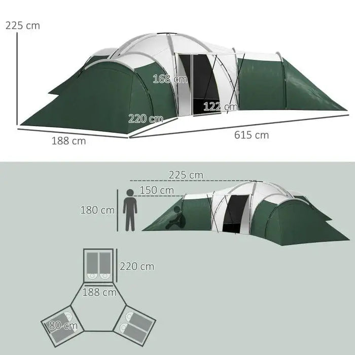 Large green camping tent with 3 bedrooms, living room, porch, and labeled dimensions