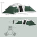 Large green camping tent with 3 bedrooms, living room, porch, and labeled dimensions
