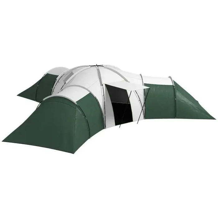 Large green camping tent with 3 bedrooms, living room, and porch, fits 6-9 people