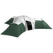 Large green camping tent with 3 bedrooms, living room, and porch, fits 6-9 people