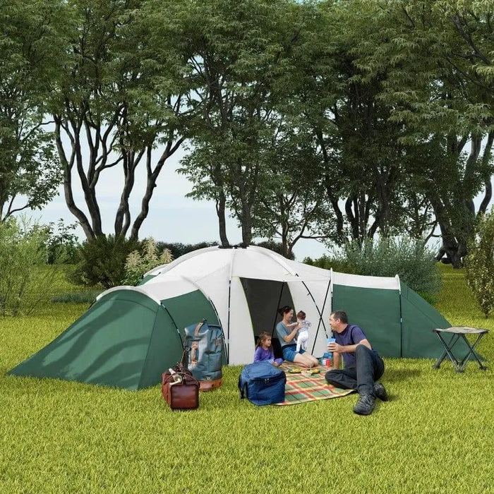 Large green camping tent with three rooms, family relaxing on grass, outdoor nature setting