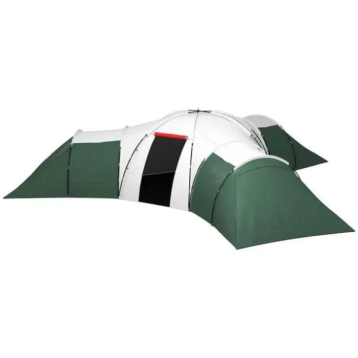 Large green and white camping tent with three bedrooms, living room and porch