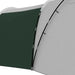 Close-up of large green and gray camping tent exterior and black support pole