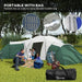 Large green camping tent with three bedrooms, family outside, and portable carry bag shown.