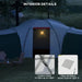 Large green camping tent with lit lantern, three bedrooms, clear windows, and outdoor chairs.