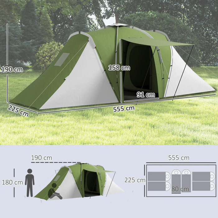 Large Camping Tunnel Tent with 2 Bedrooms and Living Area in Green (4 - 6 persons) - Little and Giant Explorers Outsunny