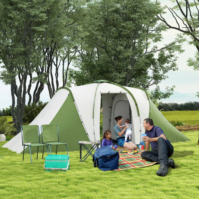 Large Camping Tunnel Tent with 2 Bedrooms and Living Area in Green (4 - 6 persons) - Little and Giant Explorers Outsunny