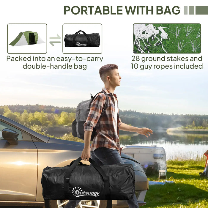 Large Camping Tunnel Tent with 2 Bedrooms and Living Area in Green (4 - 6 persons) - Little and Giant Explorers Outsunny