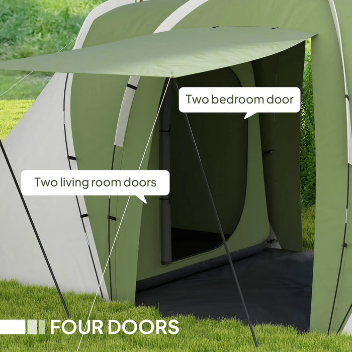 Large Camping Tunnel Tent with 2 Bedrooms and Living Area in Green (4 - 6 persons) - Little and Giant Explorers Outsunny