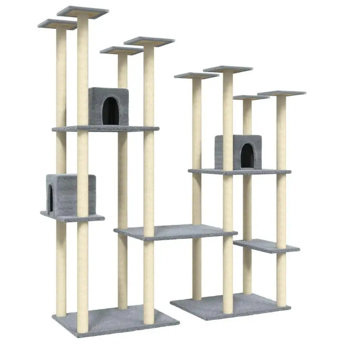 Large light grey multi-level cat tree tower with scratching posts and cubby houses