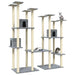 Large light grey multi-level cat tree tower with three cats, scratching posts, and condos