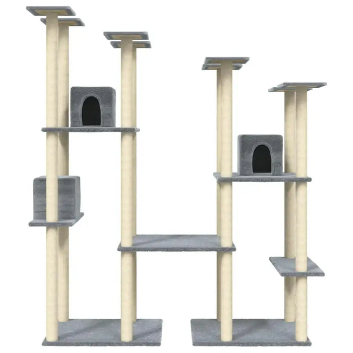 Large light grey multi-level cat tree with scratching posts and resting boxes