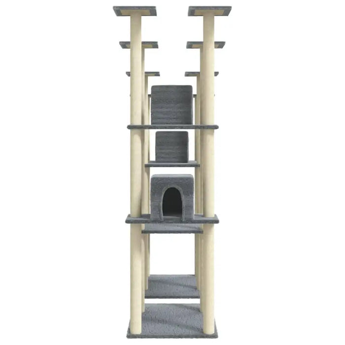 Large light grey multi-level cat tree tower with scratching posts and platforms