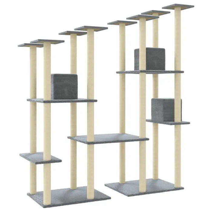Large light grey multi-level cat tree tower with scratching posts and platforms