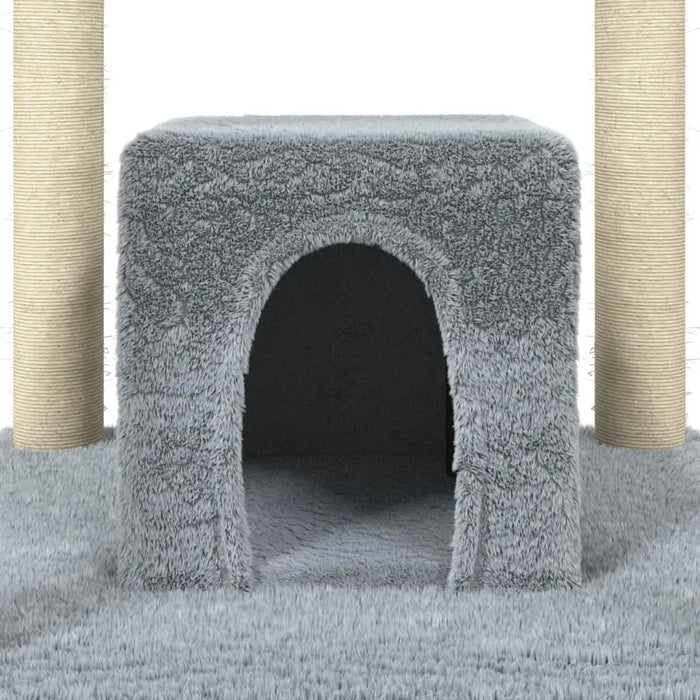 Light grey multi-level cat tree with plush cube house and sisal scratching posts