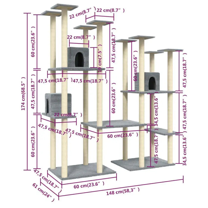 Large light grey multi-level cat tree tower with platforms, condos, and detailed measurements.
