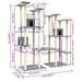 Large light grey multi-level cat tree tower with platforms, condos, and detailed measurements.