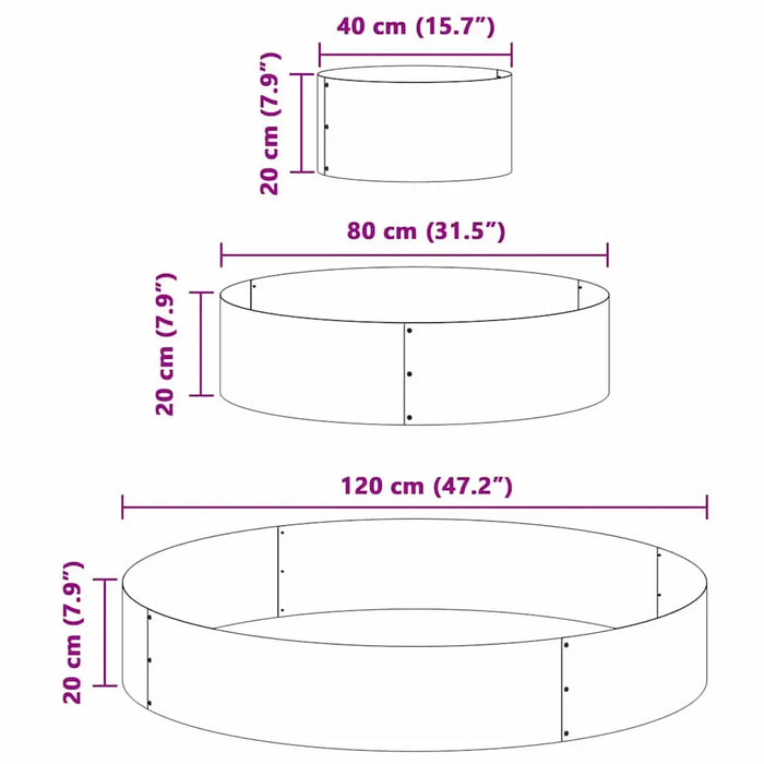 Three sizes of simple line drawings of cylindrical metal garden planters with dimensions 40, 80, and 120 cm diameter and 20 cm height