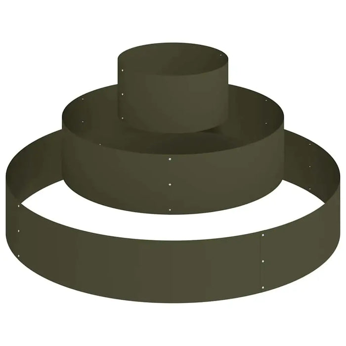 Three-tier olive green cylindrical metal planters made of round steel with riveted construction