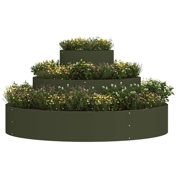 Three-tiered olive green metal planter filled with yellow and pink flowering plants
