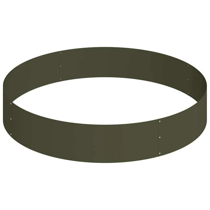 Large olive green cylindrical steel planter ring with visible riveted joints on white background